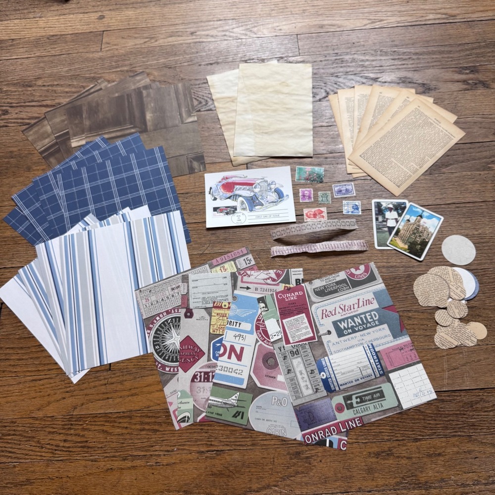 Junk journal Wallpaper, stamps, circles, cards postcard ephemera pack 2324
